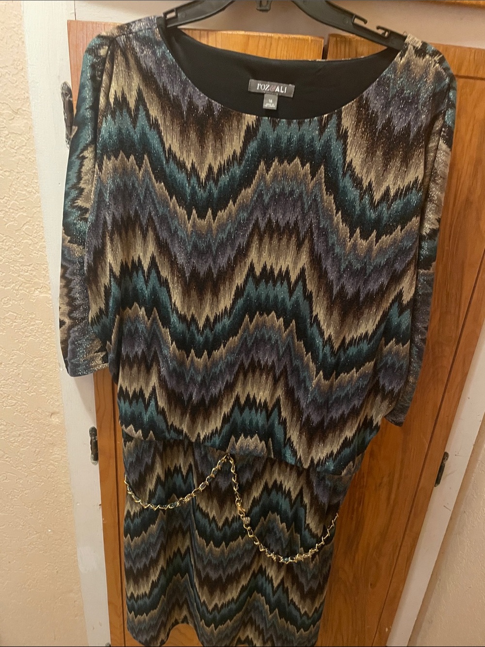 Roz & Ali Metallic Chevron Shift Dress in Teal, Black, Gold